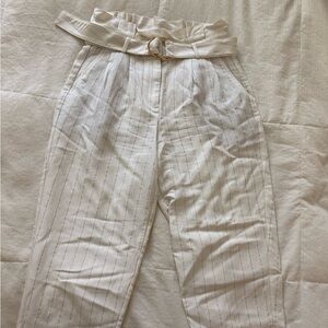 Express Cream Pinstripe High-Waist Tapered Pants with Belt